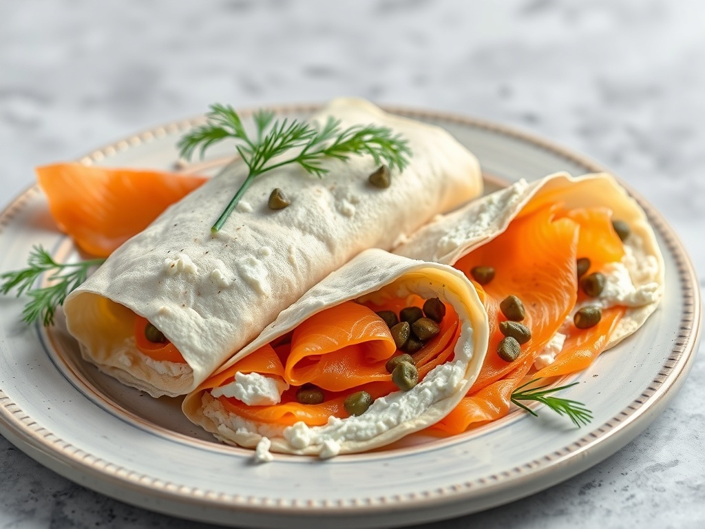 Smoked salmon and cream cheese wrap with capers and dill