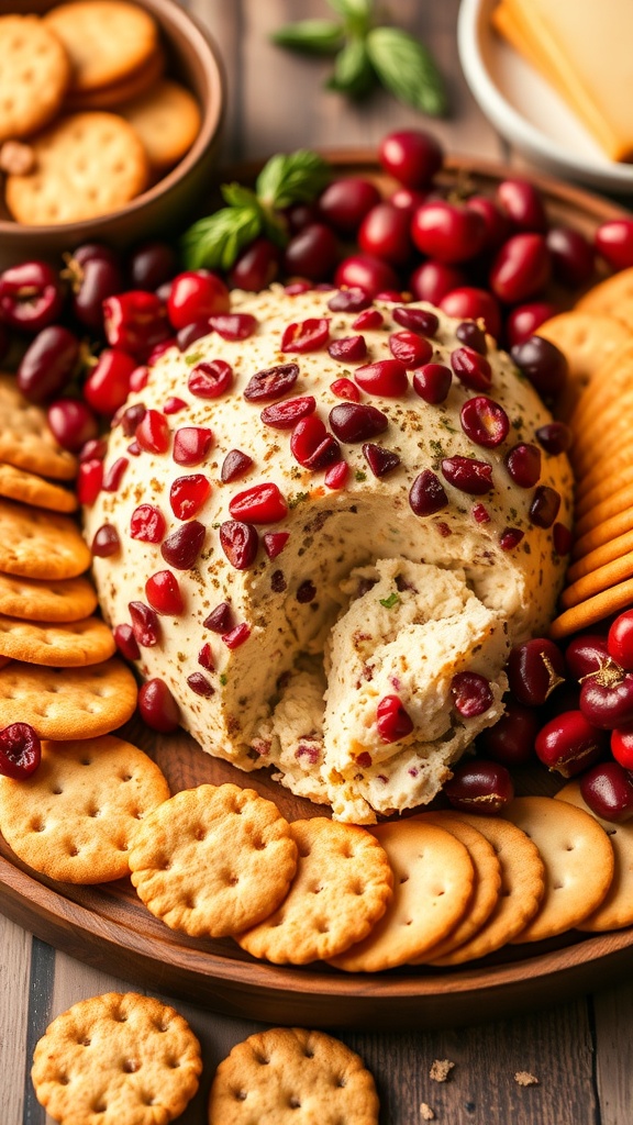 A festive cheeseball made with smoky Gouda and cranberries, surrounded by crackers and fresh cranberries.