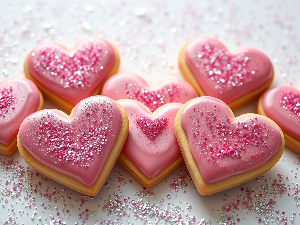 Sparkling glitter heart cookies decorated with pink icing and edible glitter.