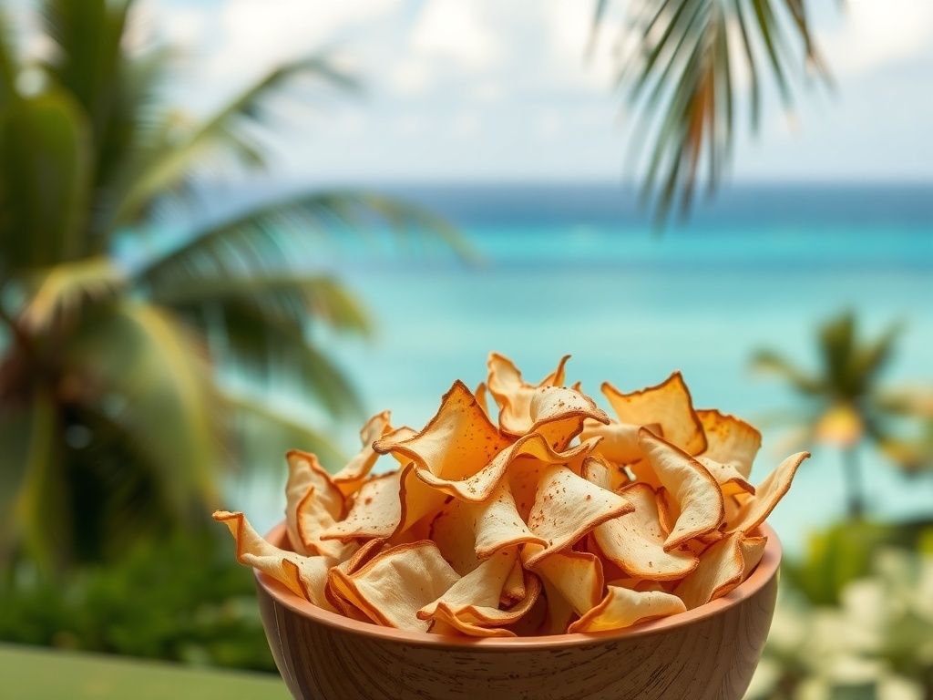 A bowl of spiced coconut chips with a tropical background