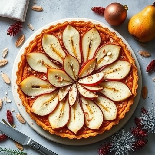 A beautifully arranged spiced pear and almond tart with pear slices on top, surrounded by festive decorations.