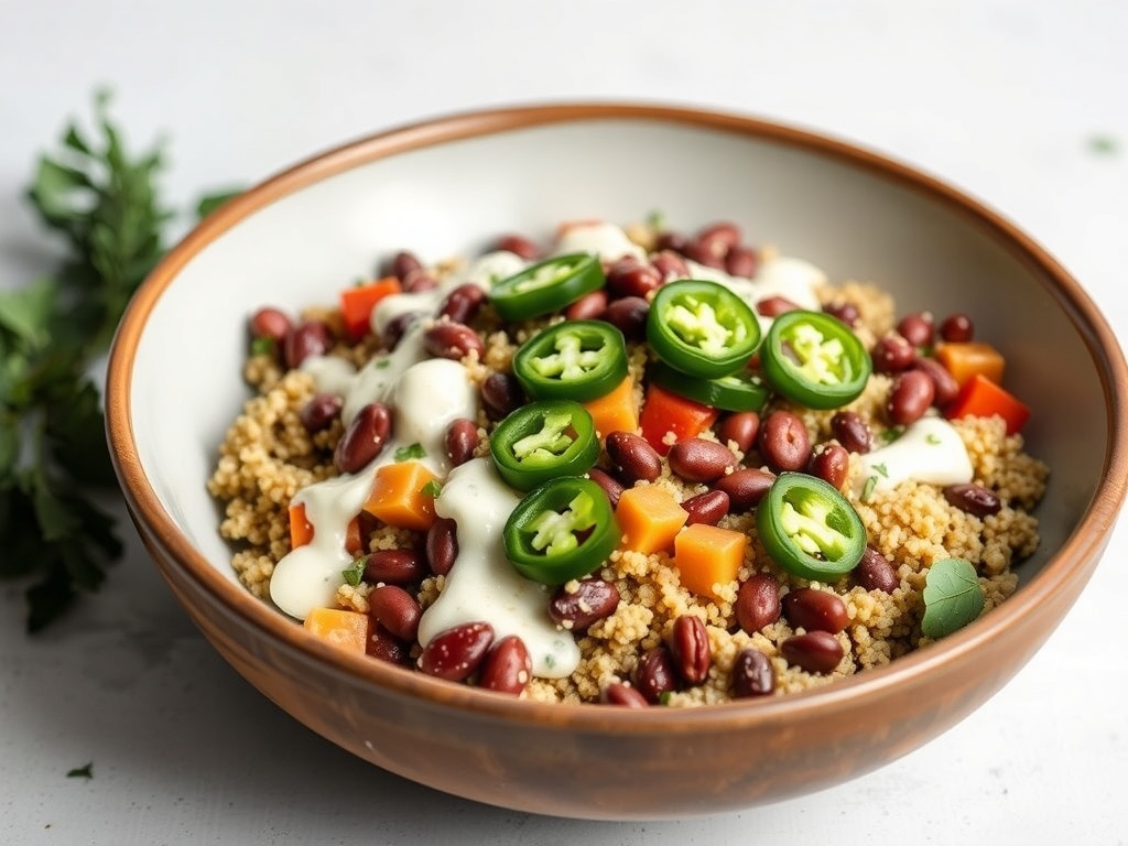 A colorful bowl of spicy bean and quinoa salad with jalapeños and yogurt dressing.
