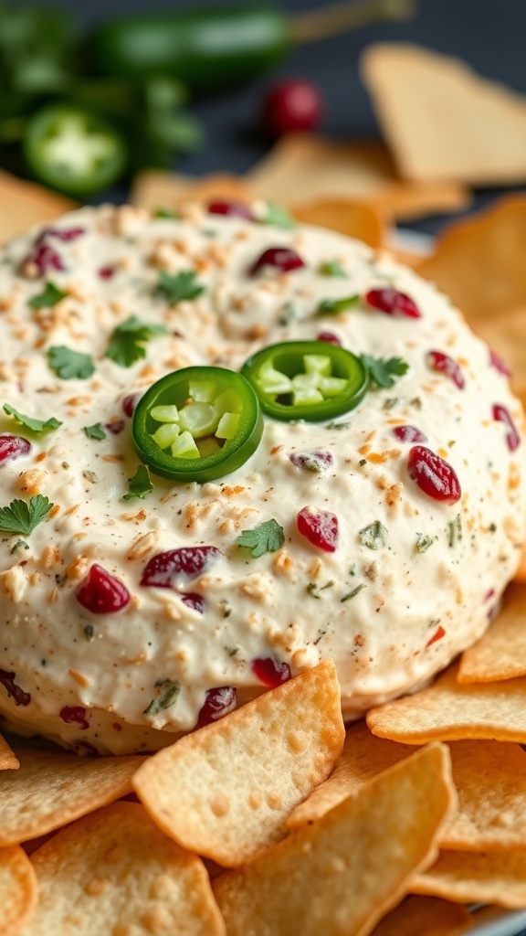 A spicy pepper jack and cranberry cheeseball garnished with jalapeño slices, surrounded by tortilla chips.