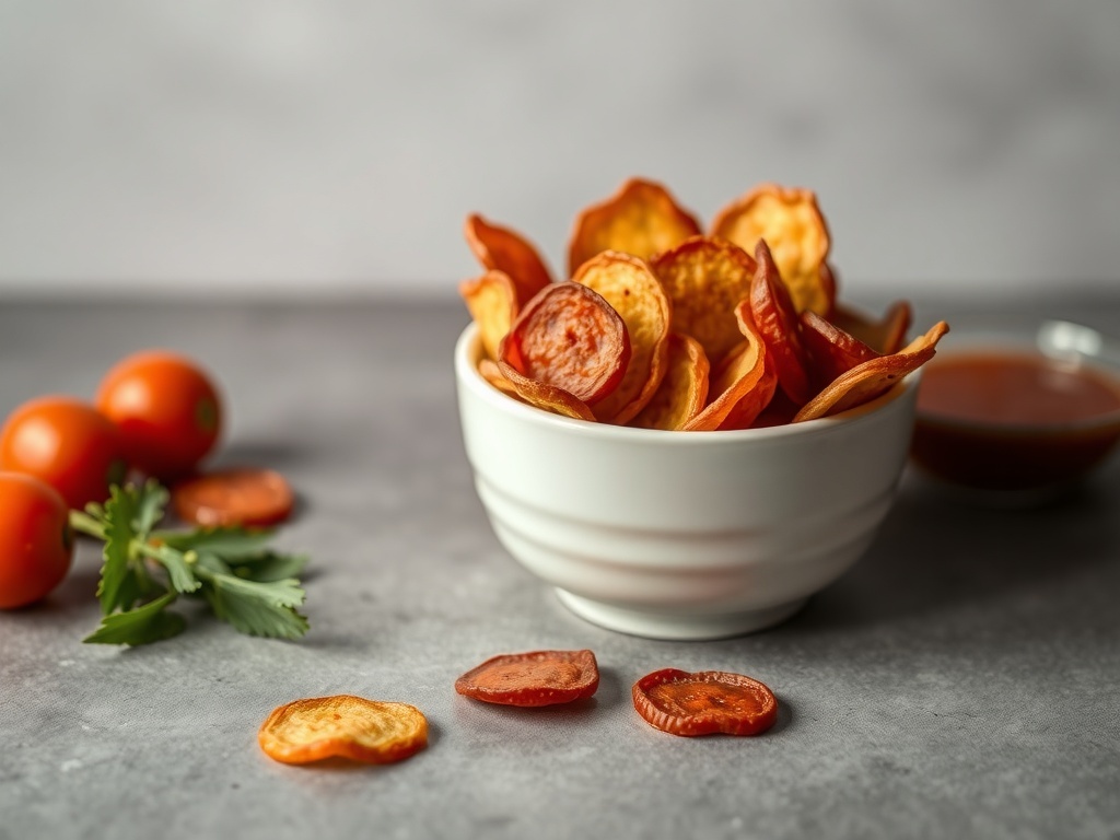 A bowl of crispy spicy pepperoni chips with fresh tomatoes and herbs on the side.