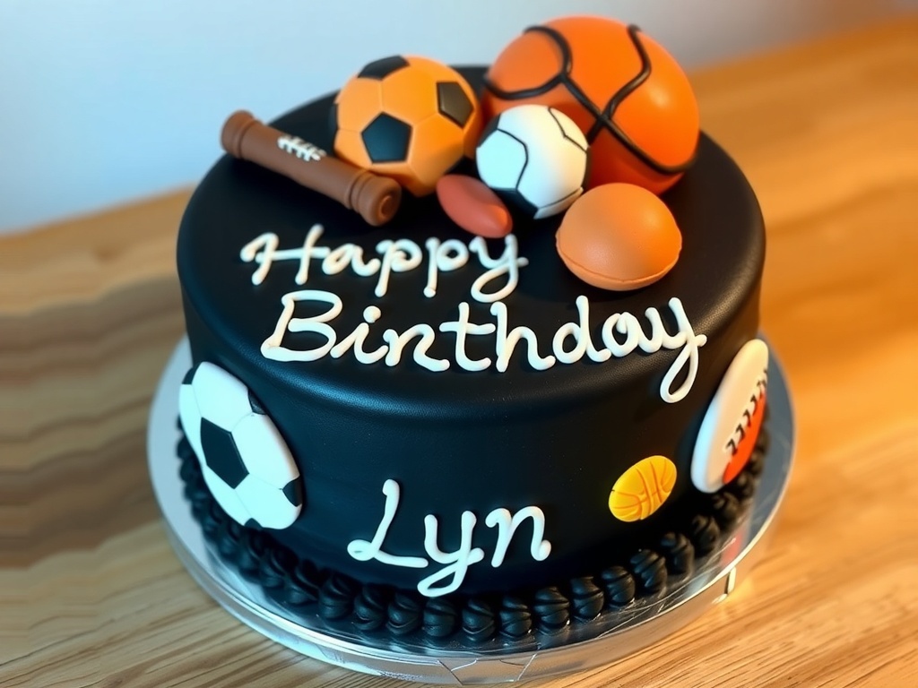 A colorful sports-themed birthday cake decorated with various sports balls and cheerful lettering.