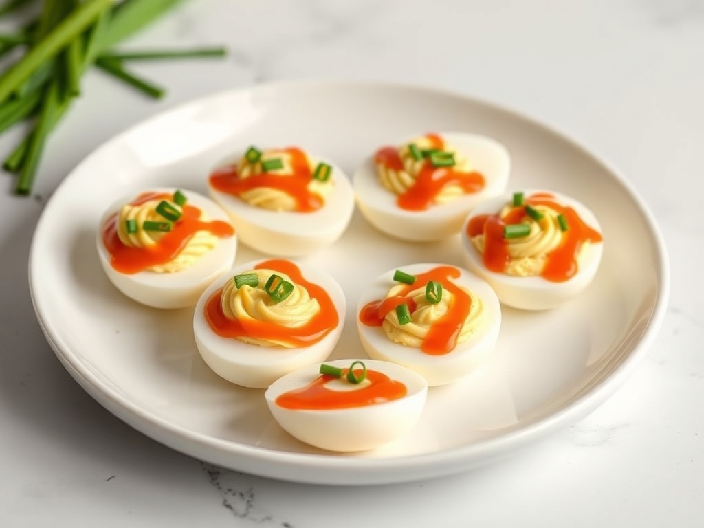 A plate of Sriracha deviled eggs garnished with green onions.