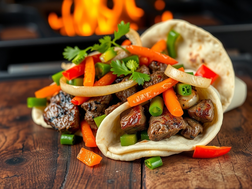 Steak fajita wrap with colorful peppers and onions