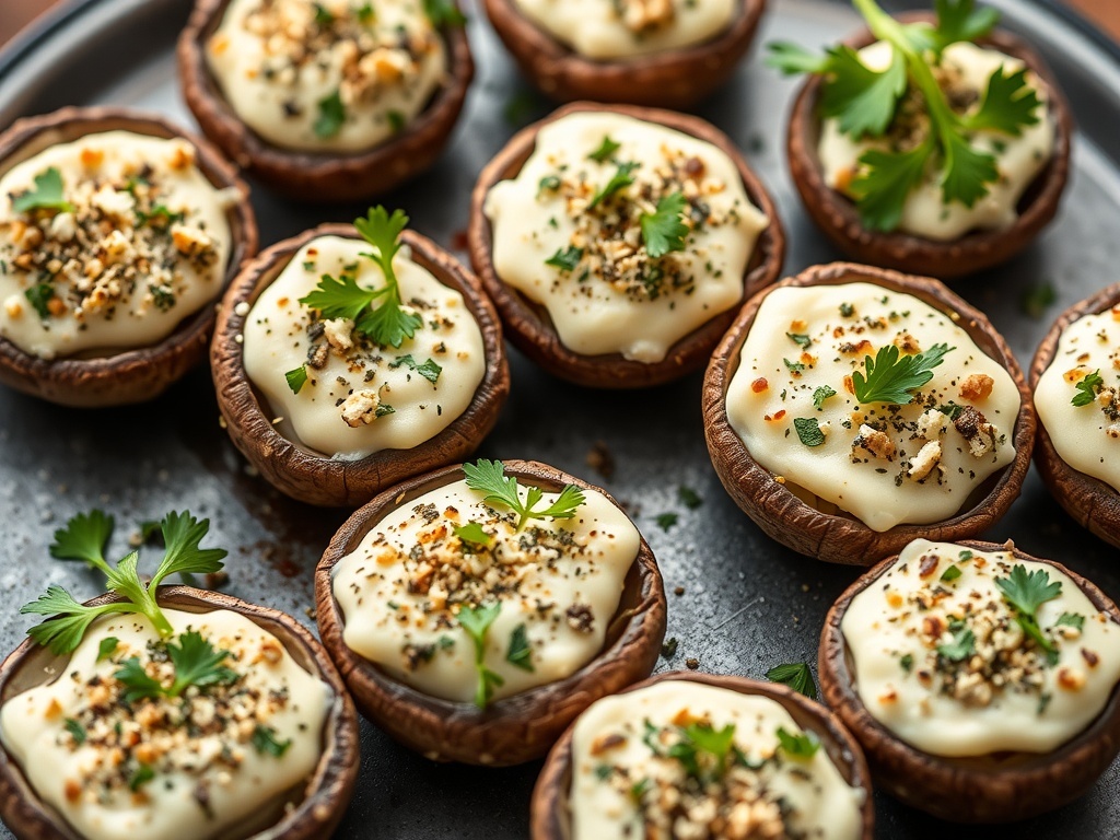 Stuffed mushroom caps filled with cream cheese and herbs, garnished with parsley.