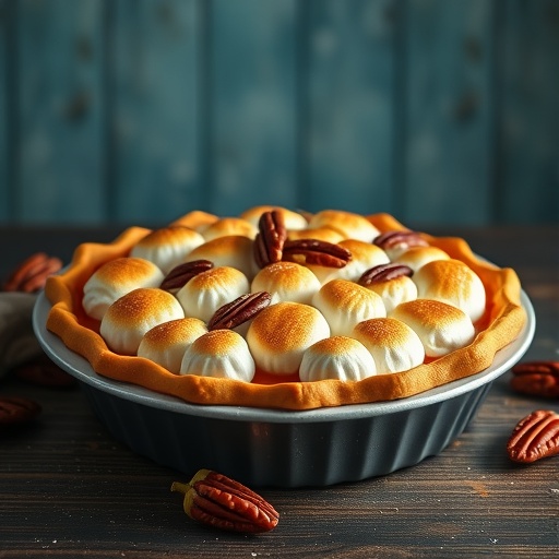 A delicious sweet potato pie topped with toasted marshmallows and pecans, placed on a wooden table.