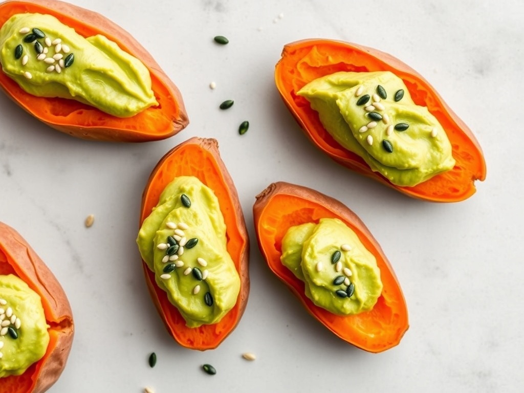 Sweet potato rounds topped with avocado and seeds