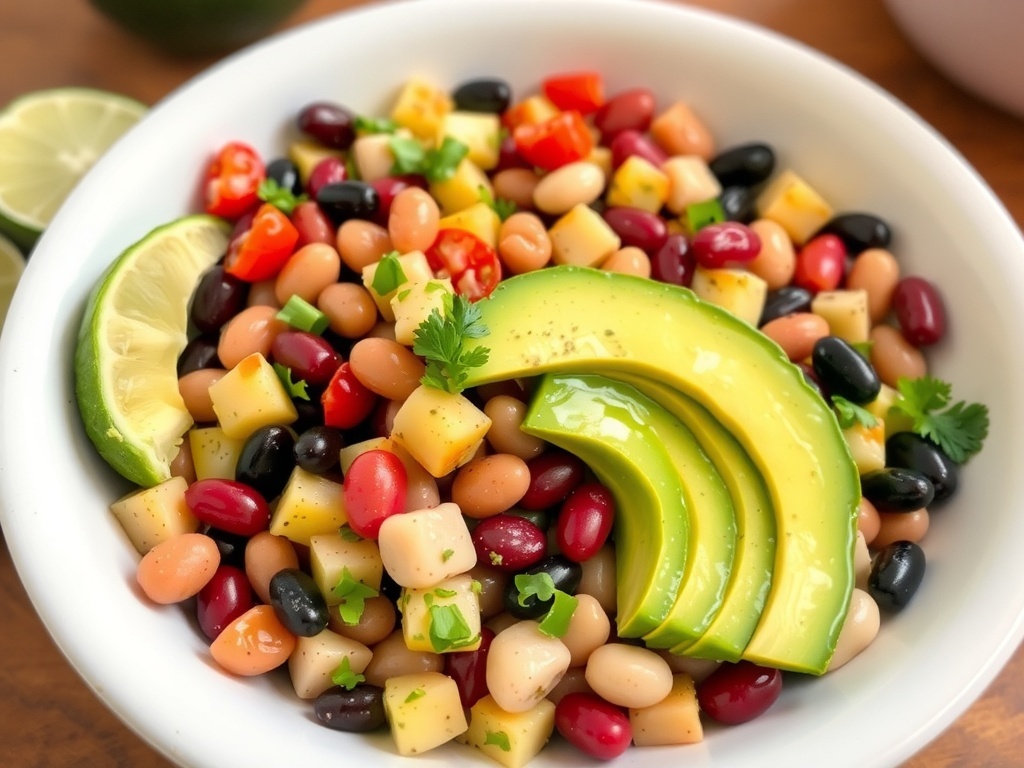 A vibrant three bean salad with avocado, cherry tomatoes, and green bell pepper in a bowl.