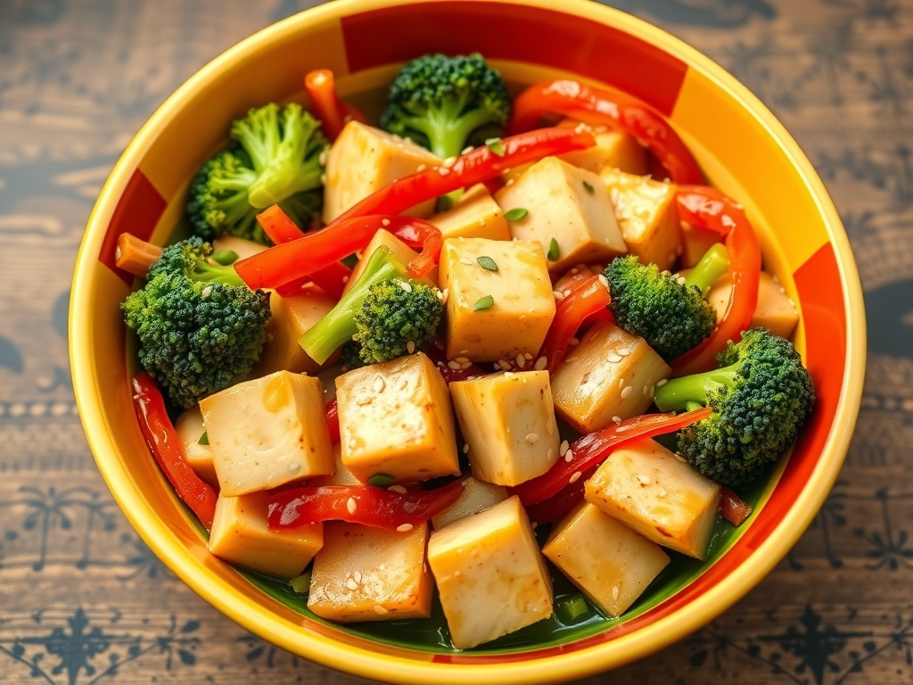 A colorful bowl of tofu stir-fry with broccoli and red bell pepper.