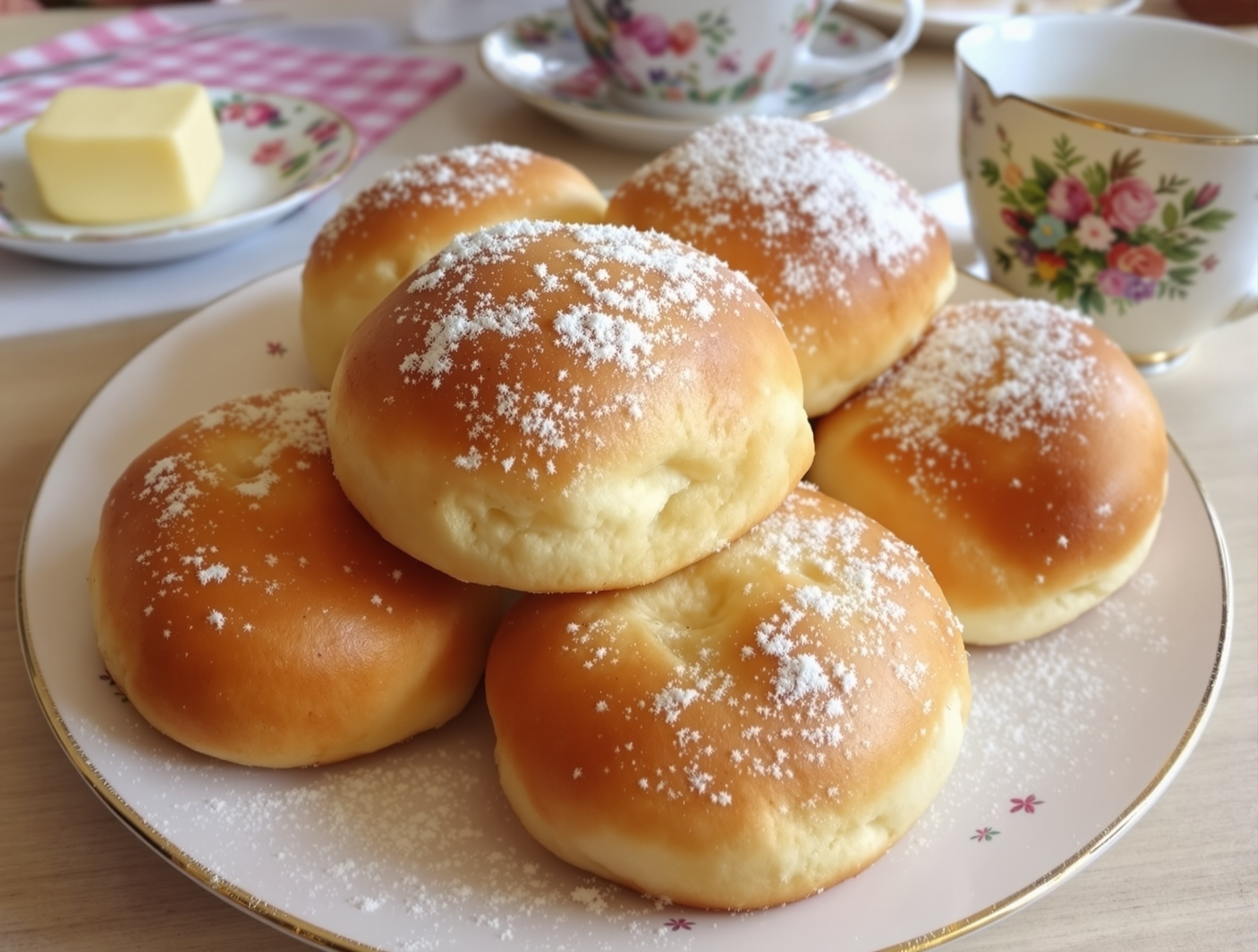 Freshly baked Bath Buns on a china plate with butter and tea in the background.