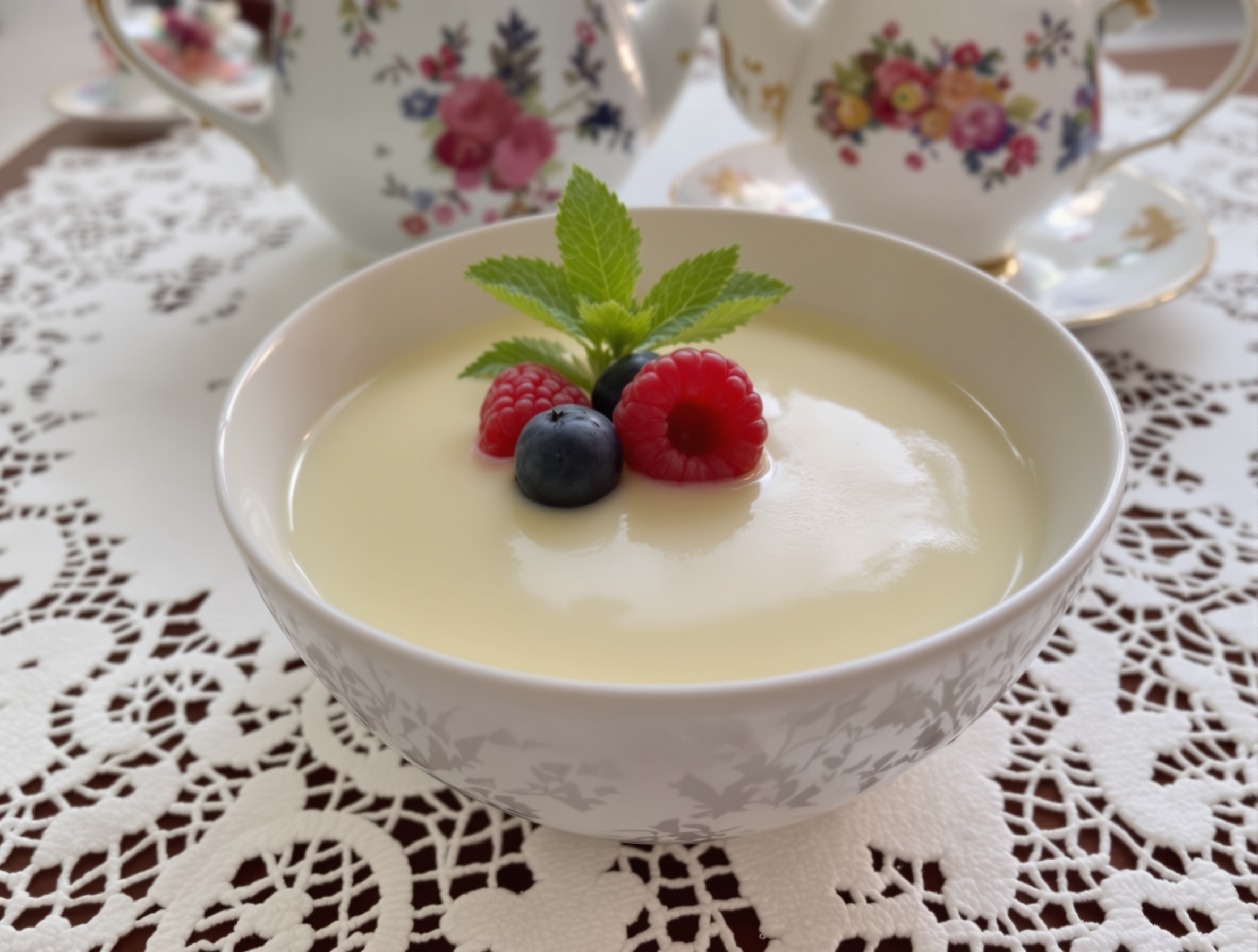 A bowl of creamy custard topped with berries, on a lace tablecloth with a tea set in the background.