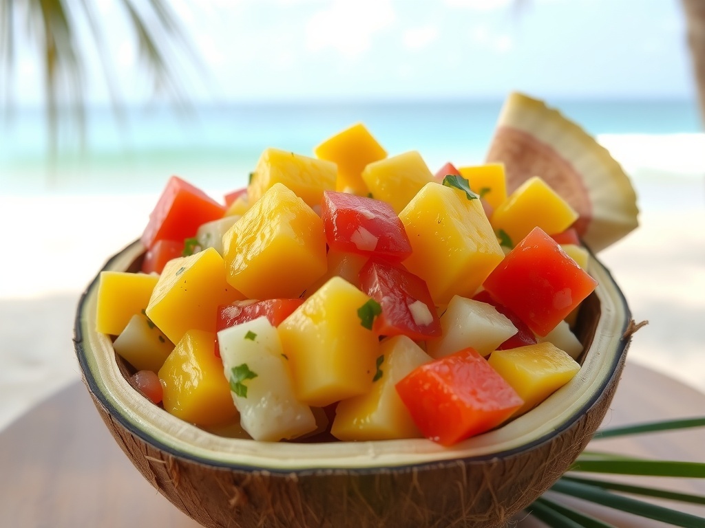 A colorful tropical fruit salad with mango, pineapple, and bell pepper served in a coconut shell.