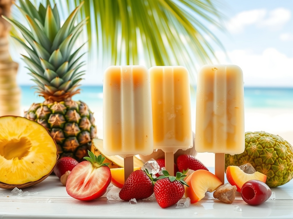 Tropical Pineapple Coconut Pops with fresh fruits