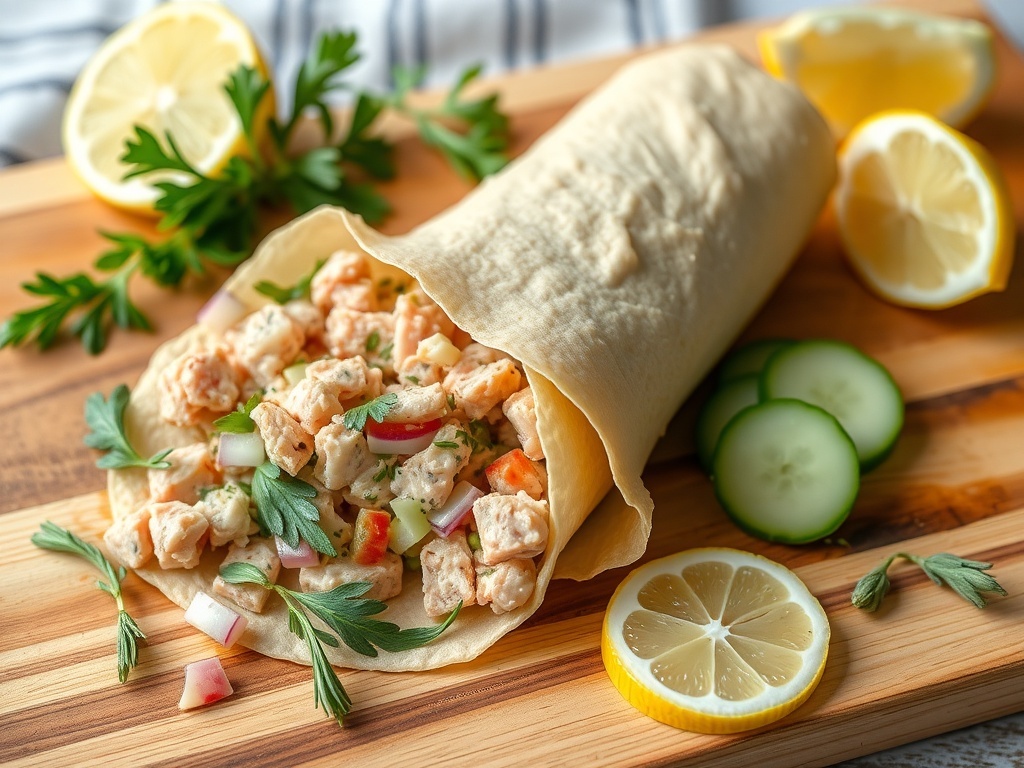 A delicious tuna salad and cucumber wrap on a wooden board with lemon and herbs.