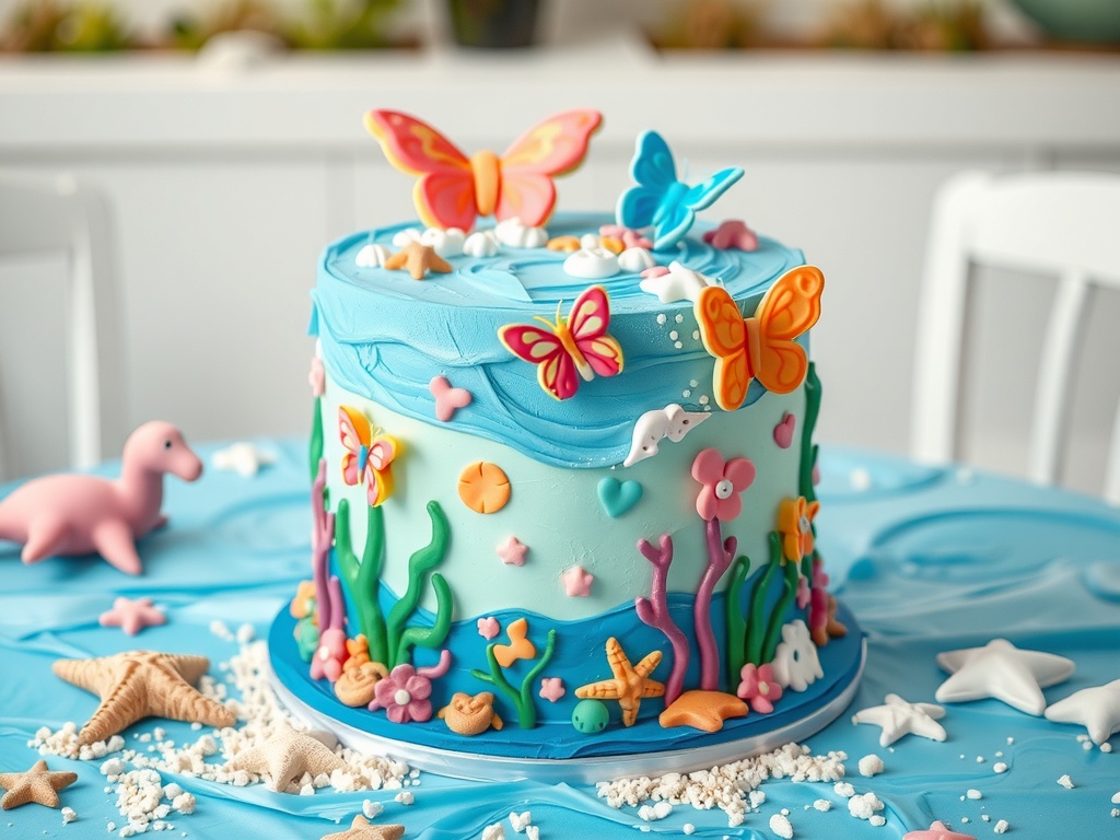 A colorful Under the Sea Butterfly Cake decorated with butterflies, seashells, and coral on a blue tablecloth.