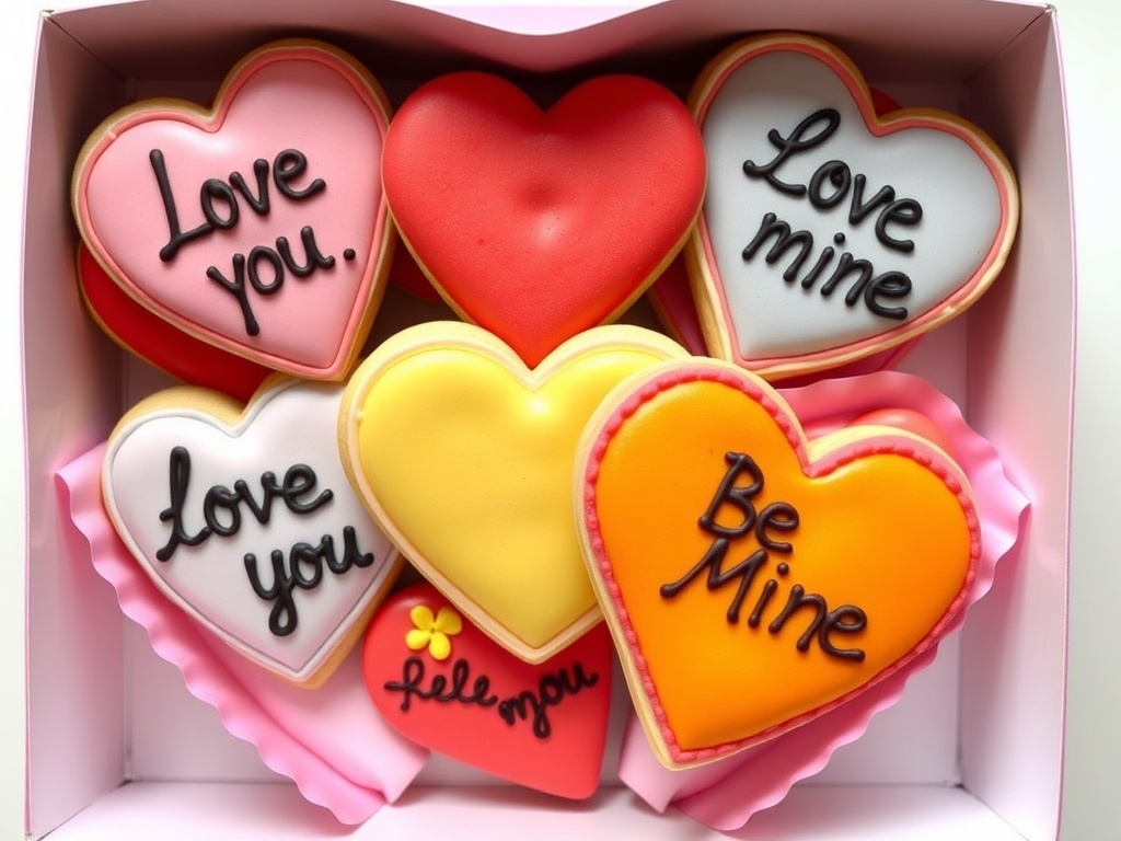A box of colorful Valentine's Day conversation heart cookies with sweet messages.