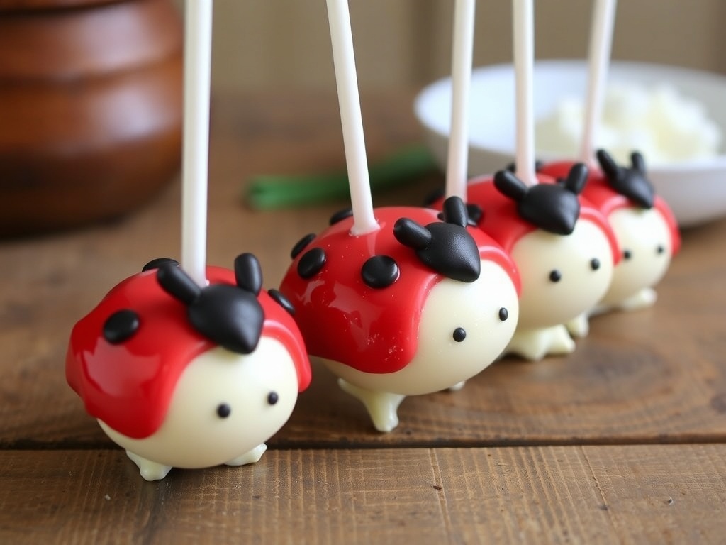 Vanilla Bean Ladybug Cake Pops on sticks, decorated with red and black colors.