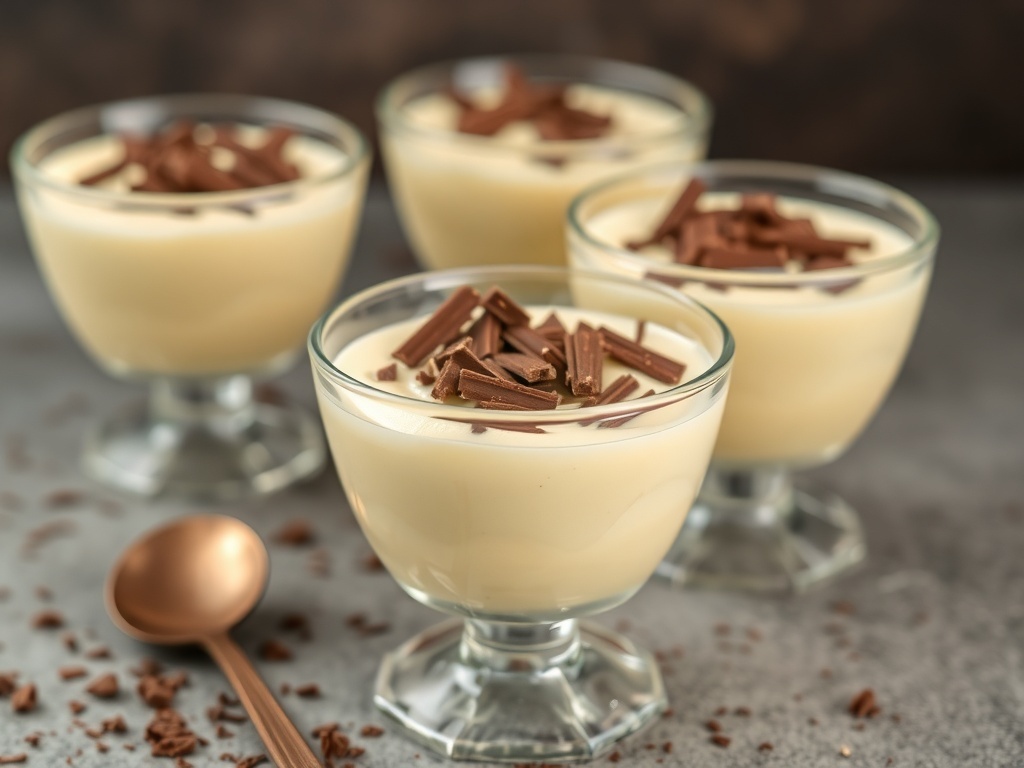 A bowl of vanilla bean pudding topped with chocolate shavings.