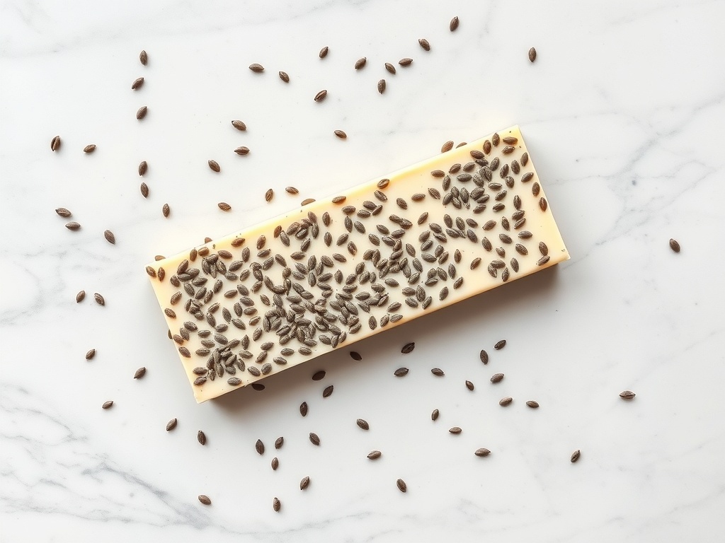 Vanilla Chia Seed Protein Bar with chia seeds scattered around