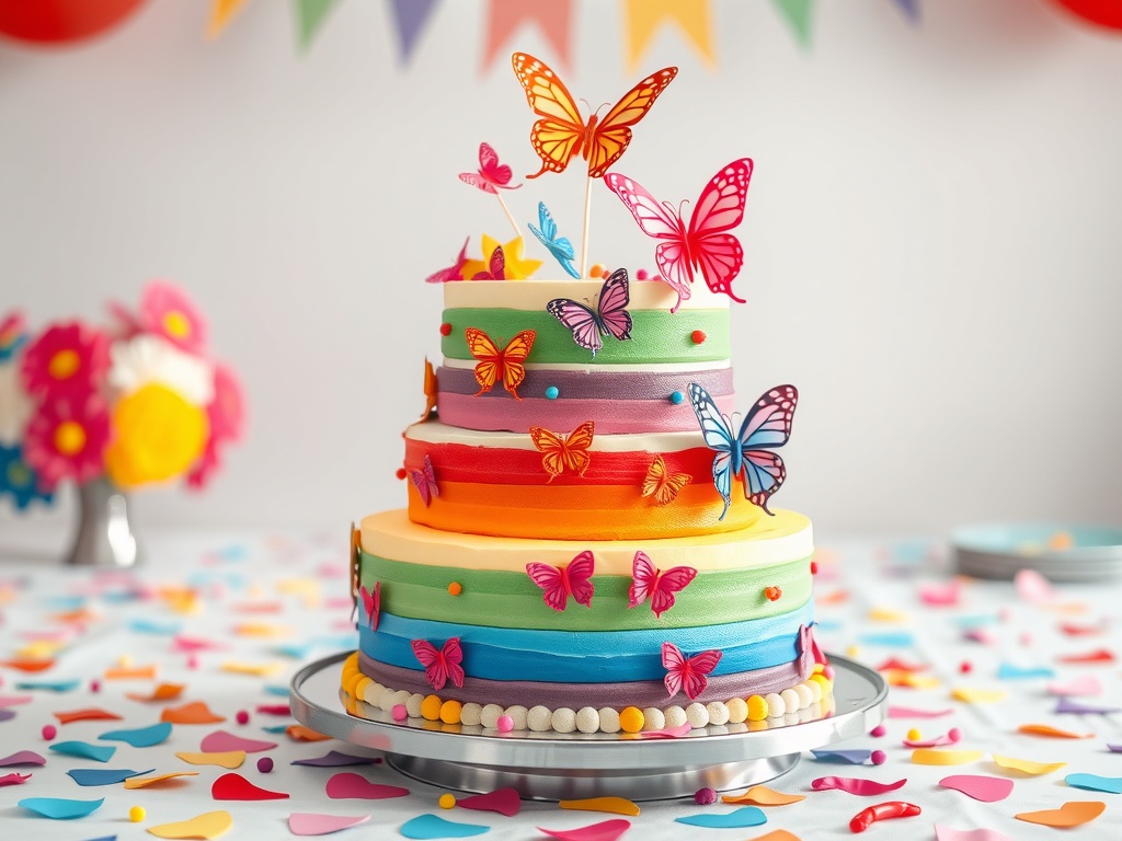 A colorful three-tiered cake with butterfly decorations, surrounded by confetti and flowers.