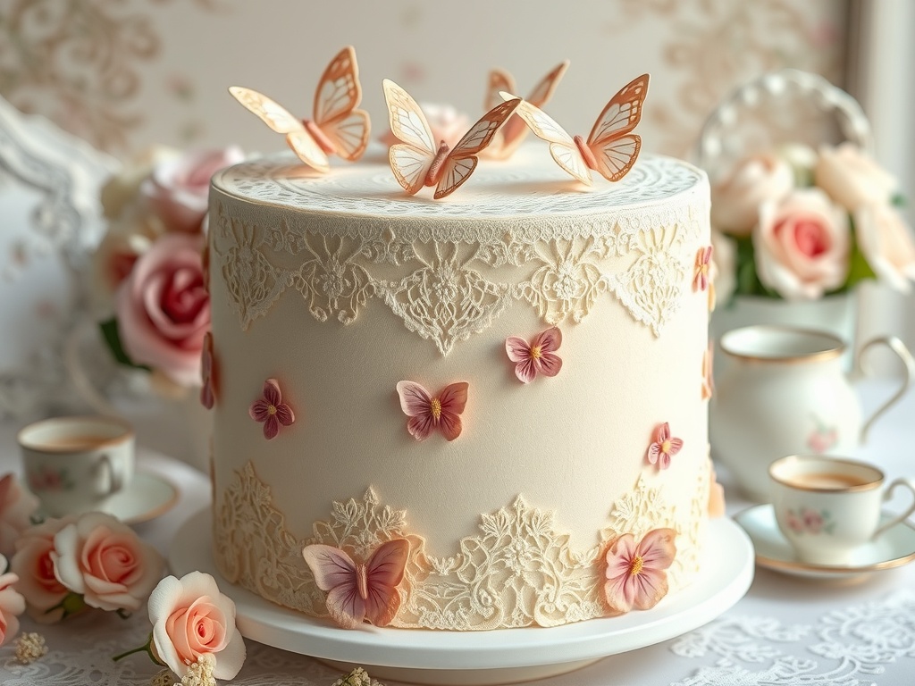 A vintage lace butterfly cake decorated with fondant butterflies and lace patterns, surrounded by roses and tea cups.