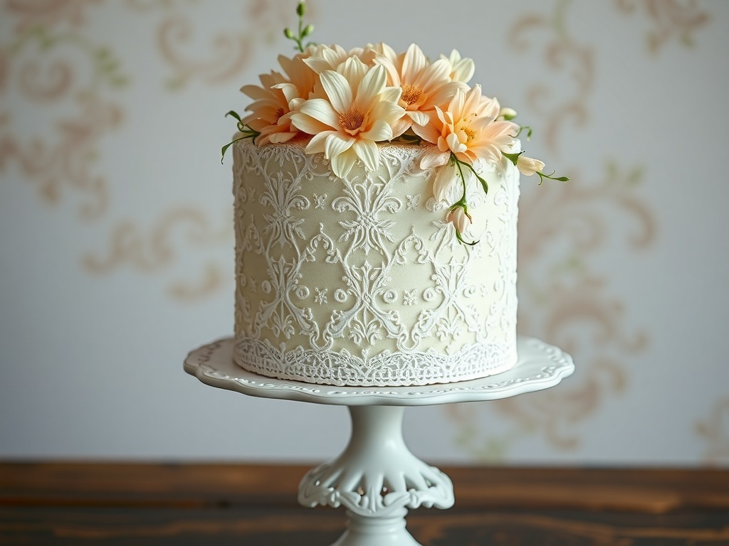 A beautifully decorated vintage lace cake with floral accents on a cake stand.