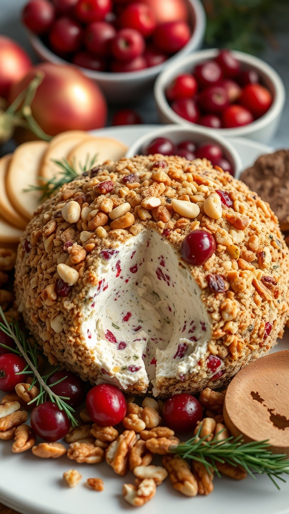 A walnut-crusted cranberry cheeseball surrounded by fresh cranberries, walnuts, and slices of cheese.