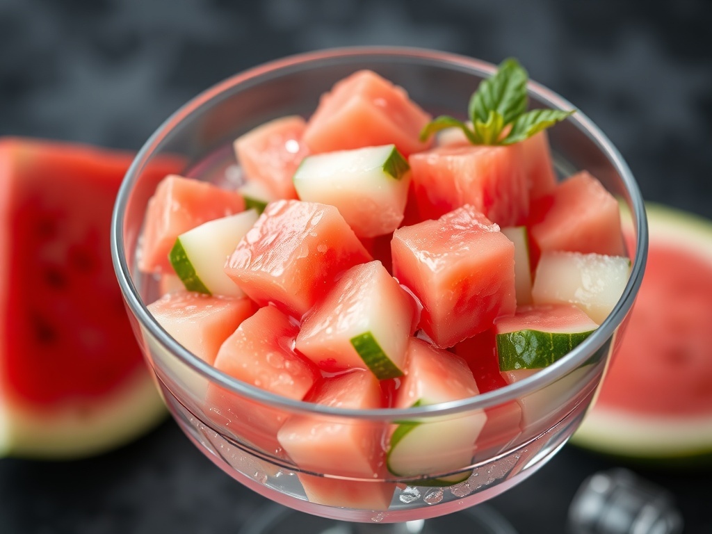A colorful salad featuring cubed watermelon, sliced cucumber, and fresh mint leaves.