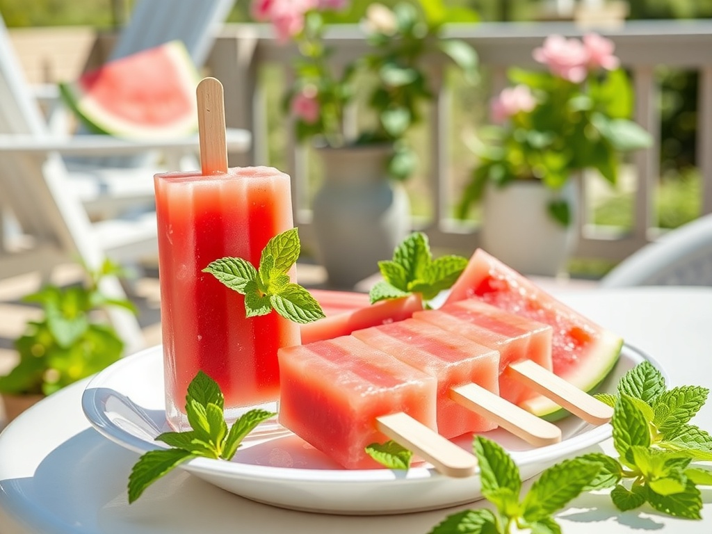 Colorful watermelon mint popsicles on a plate with fresh mint leaves.