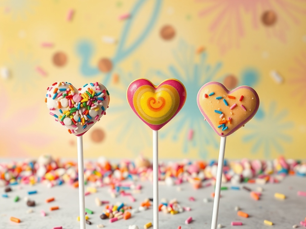 Colorful heart-shaped cake pops with sprinkles on a festive background