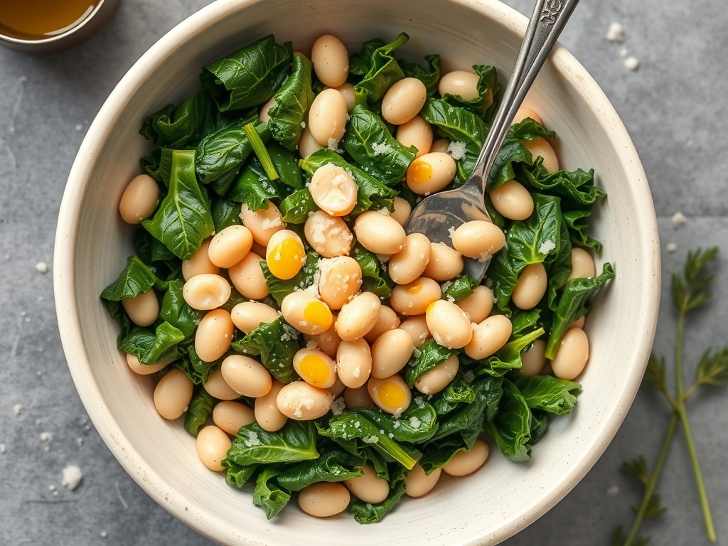 A bowl of white bean and kale salad with a fork
