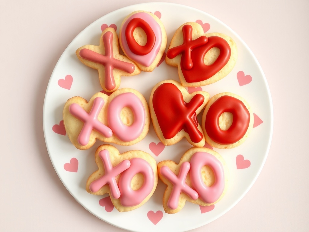 A plate of XOXO shaped cookies decorated with pink and red royal icing.