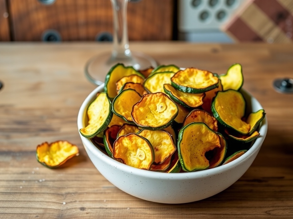 A bowl of crispy zucchini chips with sea salt