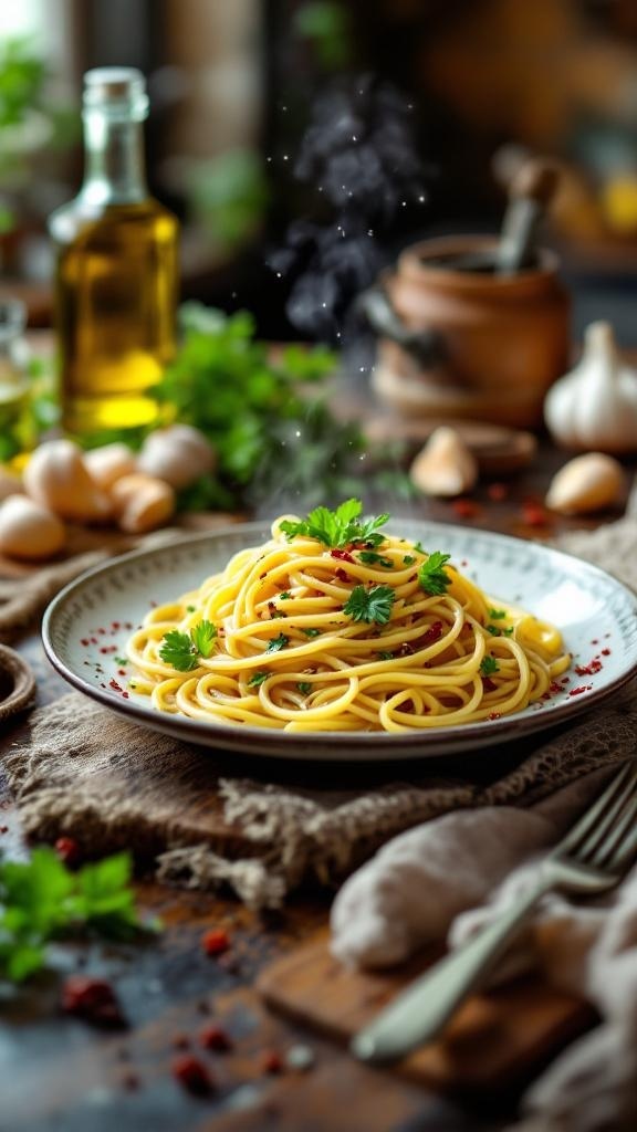 A plate of spaghetti garnished with fresh herbs and red pepper flakes, surrounded by olive oil and garlic.