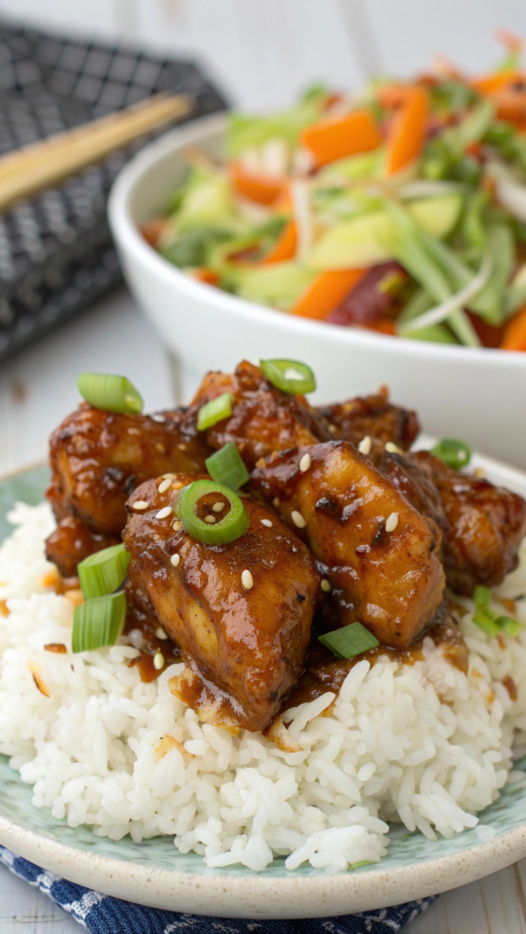 A plate of honey garlic chicken served over rice, garnished with green onions and sesame seeds, with a fresh salad in the background.