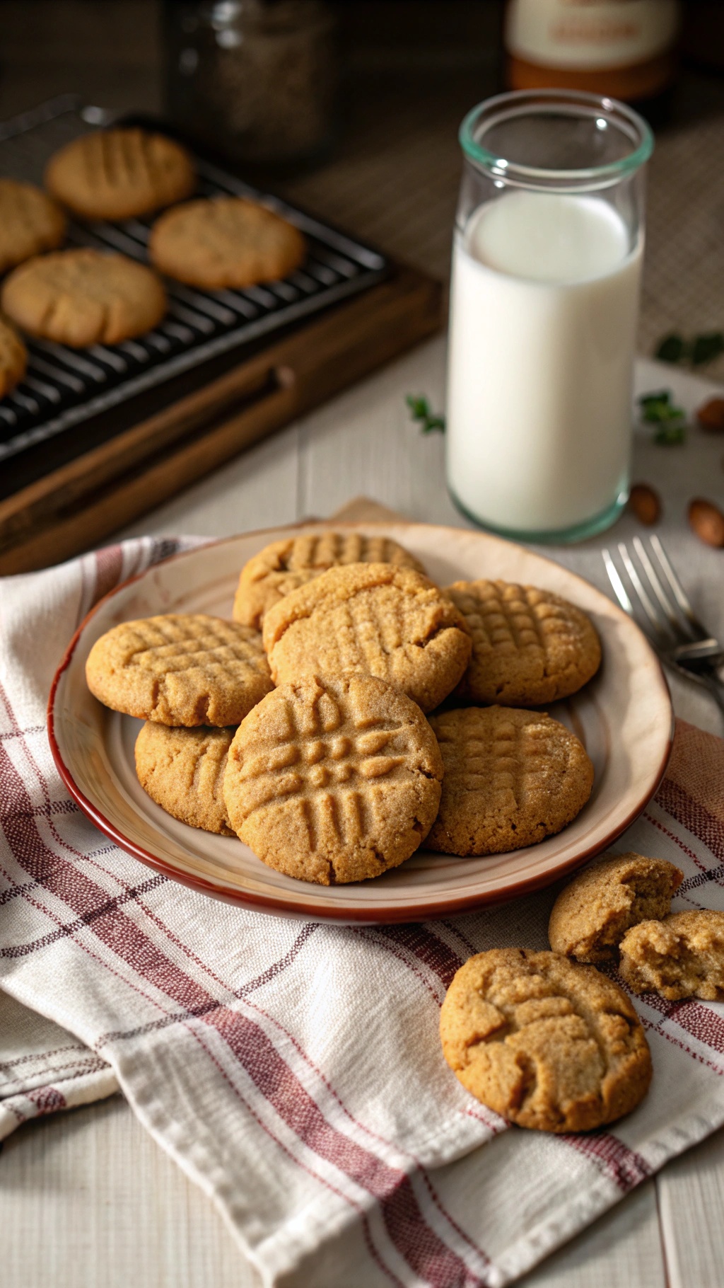 Plate of freshly baked peanut butter cookies with a glass of milk