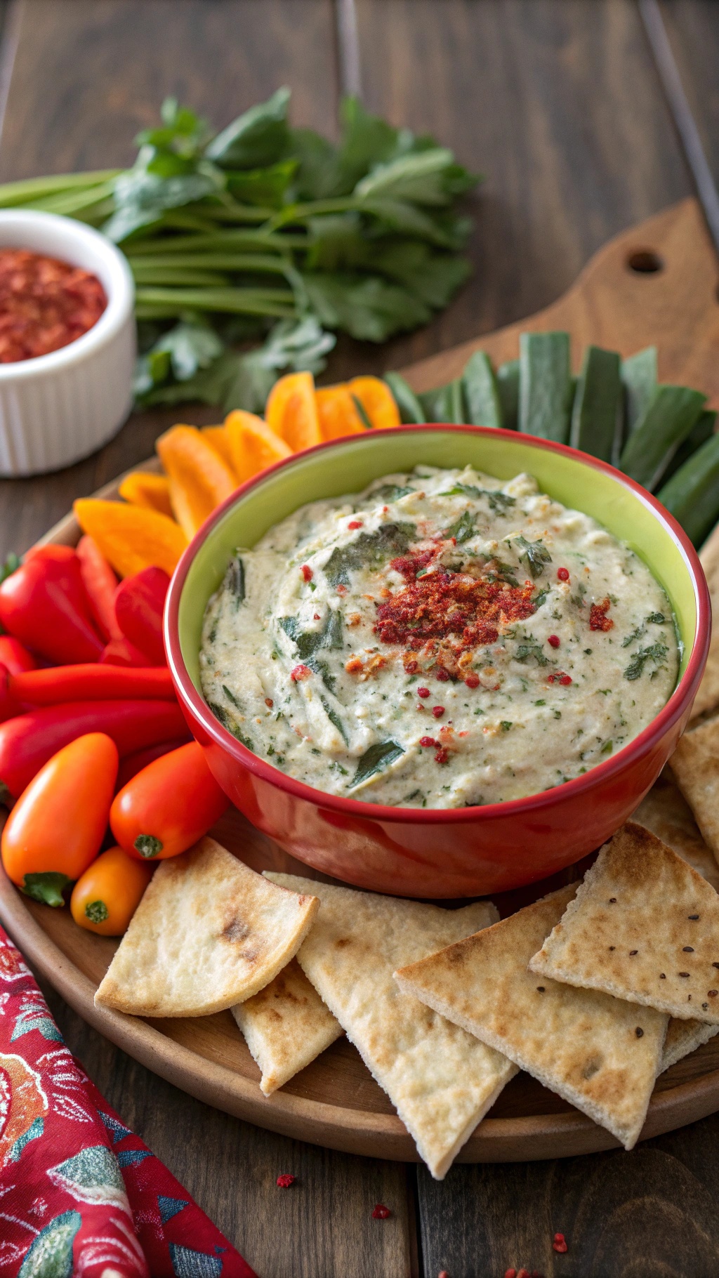 Healthy vegan spinach artichoke dip in a bowl with fresh vegetables and pita chips on a wooden table.