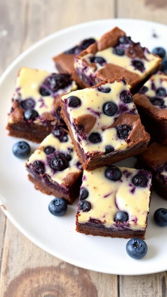 Healthy blueberry cheesecake brownies on a plate, featuring chocolate base and creamy cheesecake with blueberries.
