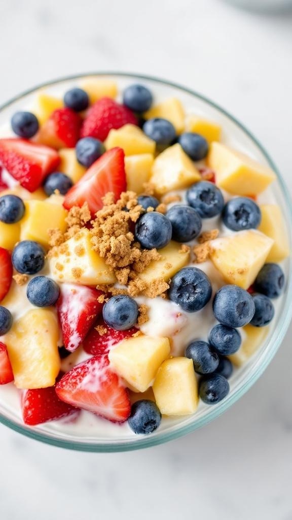 Healthy Cheesecake Fruit Salad Recipe A bowl of healthy cheesecake fruit salad with strawberries, blueberries, pineapple, and peaches, topped with crushed graham crackers.