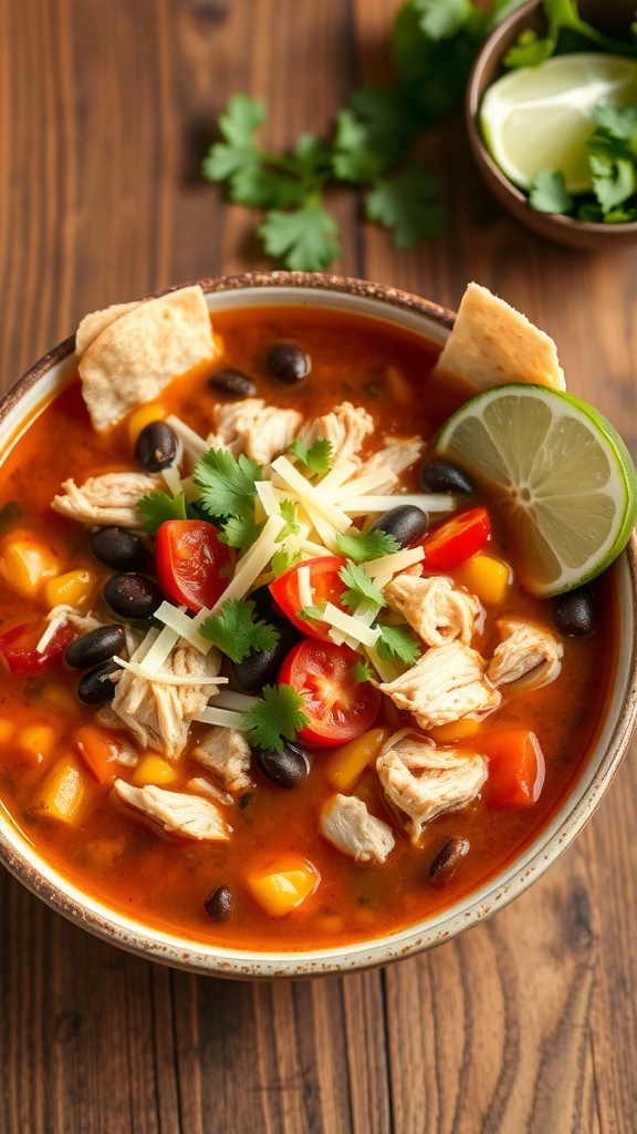 A bowl of chicken tortilla soup with chicken, black beans, corn, topped with tortilla strips and cilantro on a rustic table.