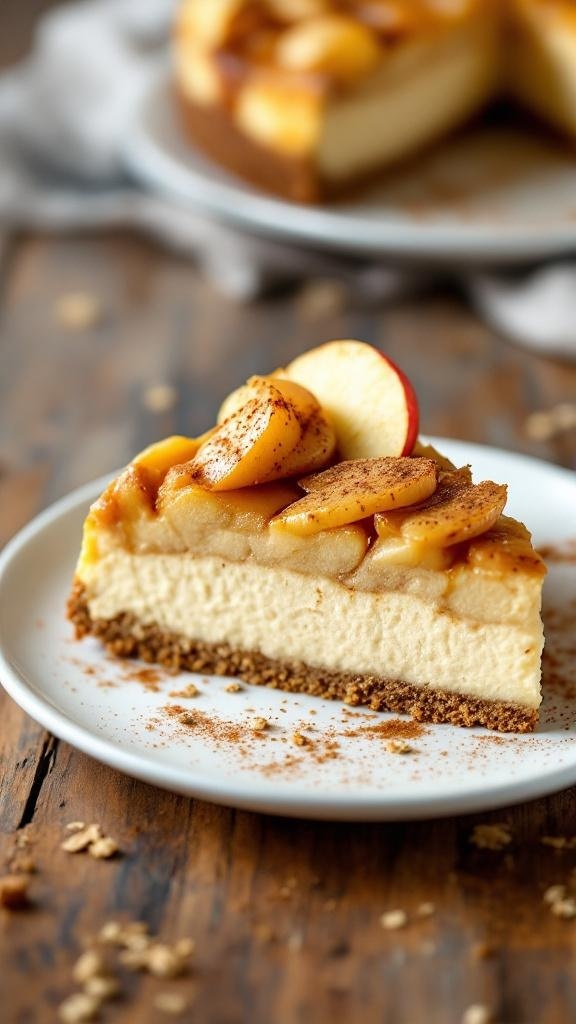 A slice of Dutch apple pie cheesecake with apple topping and oat crust on a white plate.