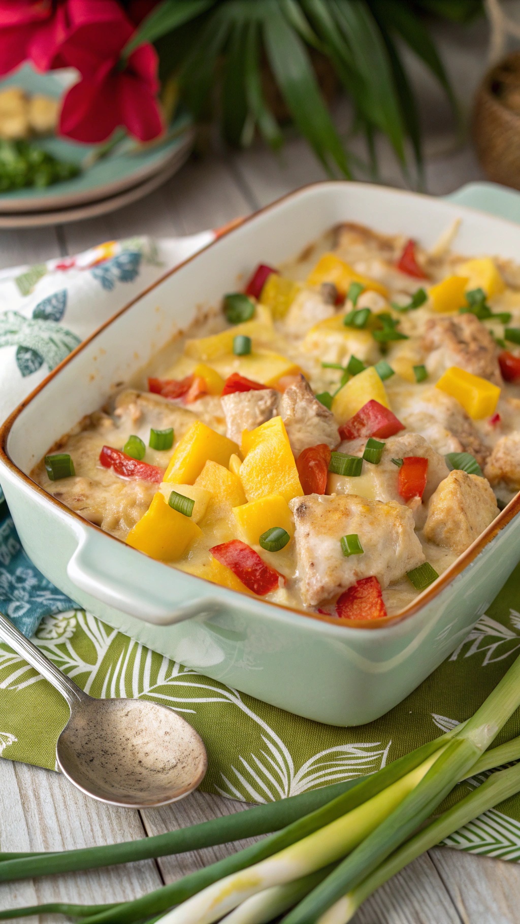 A delicious Hawaiian chicken casserole with chicken, pineapple, bell peppers, and melted cheese, garnished with green onions.