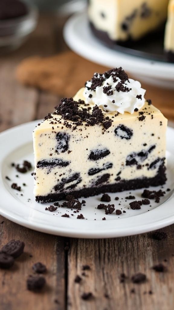 Slice of light Oreo cheesecake with crushed Oreos on top, served on a white plate.