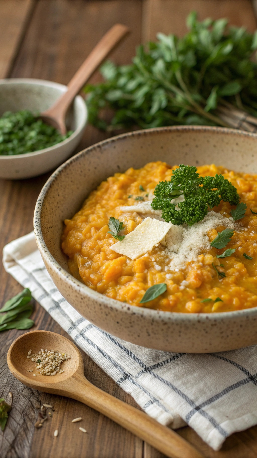 A bowl of pumpkin risotto with sage and Parmesan cheese, garnished with parsley on a wooden table.