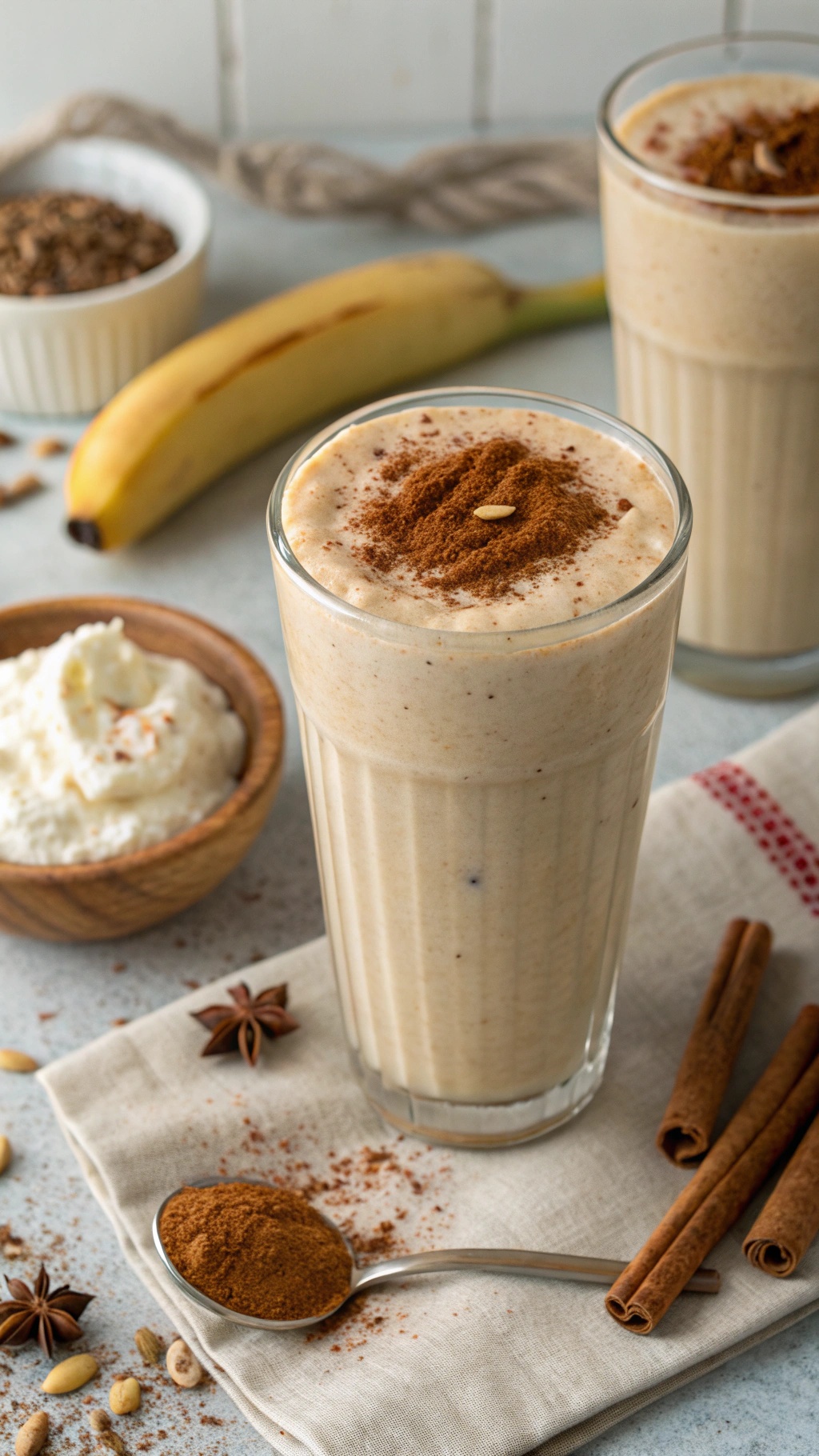 A tall glass of spiced chai smoothie with cinnamon on top, surrounded by banana and yogurt.
