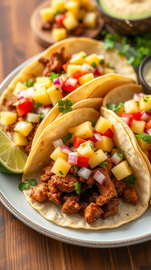 Spicy pork tacos with pineapple salsa on warm tortillas, garnished with cilantro and lime, on a rustic table.
