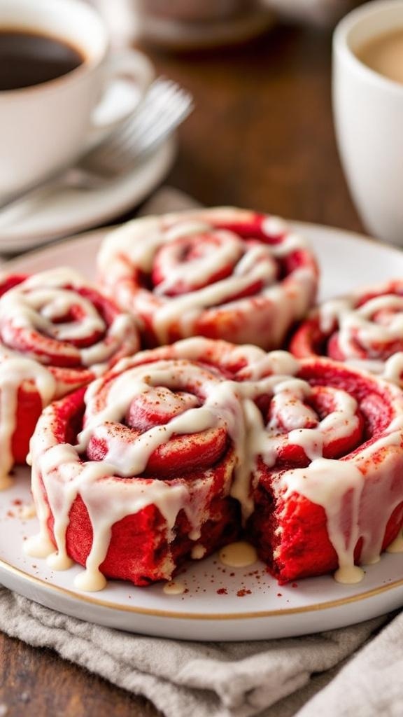 Warm red velvet cinnamon rolls with cream cheese glaze on a plate, set in a cozy kitchen.